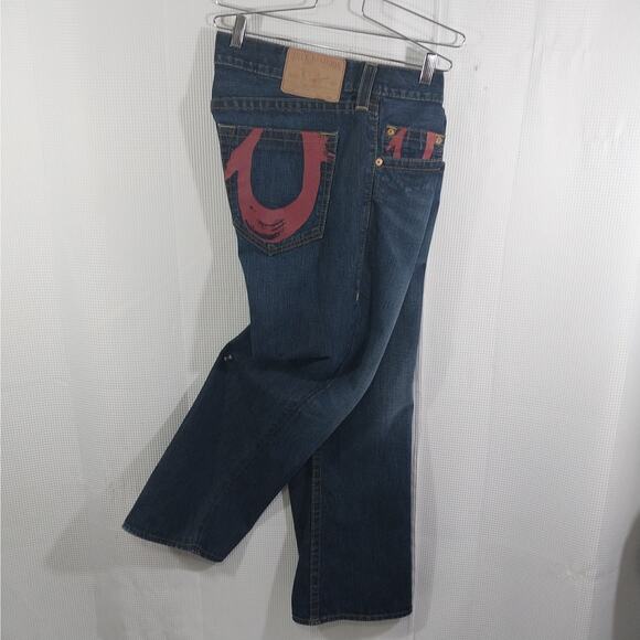 TRUE RELIGION! ULTRA COOL BLUE DENIM W/FADE STRAIGHT LEG W/RED JEANS! SZ 38 X 30 - Picture 7 of 11